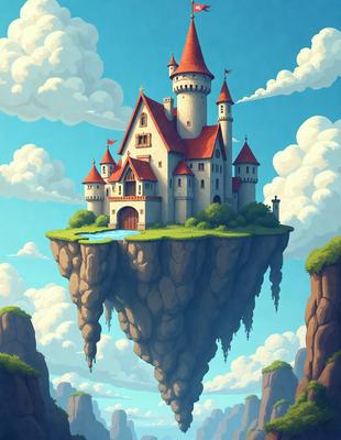 The primary subject of the image is a large, colorful castle floating in the air. The setting is a cloudy sky, and the visual style is an illustration or digital art. The colors and mood of the image are vibrant and whimsical, creating a sense of wonder and fantasy.
